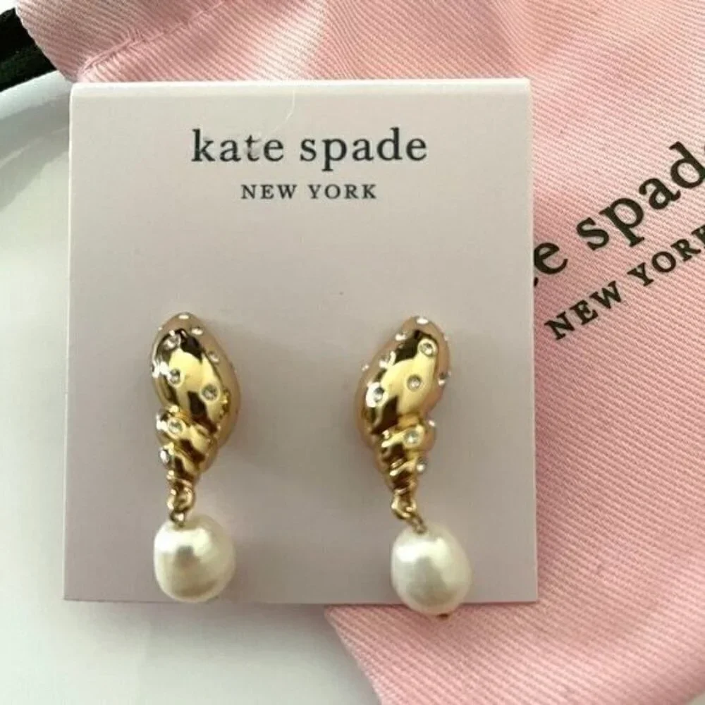 NWT Kate Spade Under the Sea Pave Gold Shell Freshwater Pearl Pierced Earrings